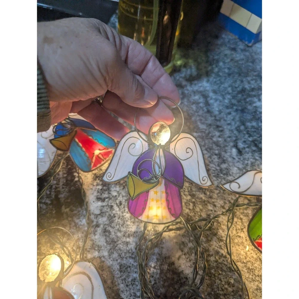Vintage Multicolor Capiz & Wire Angel Playing Trumpets String Lights 5 Angels